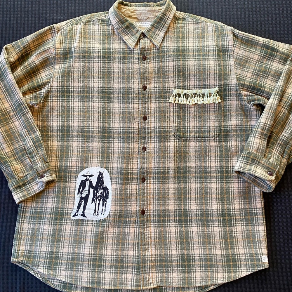 One of a Kind- Green unisex flannel 
Sewn on patches and tassels